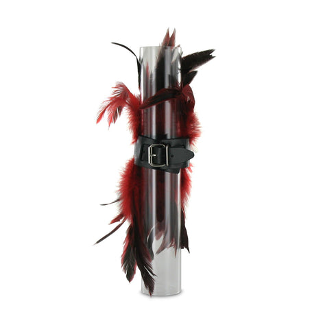 SiaLinda: Federarmband Zaha rot, mit Federn und schwarzem Leder, einstellbar - SiaLinda.com